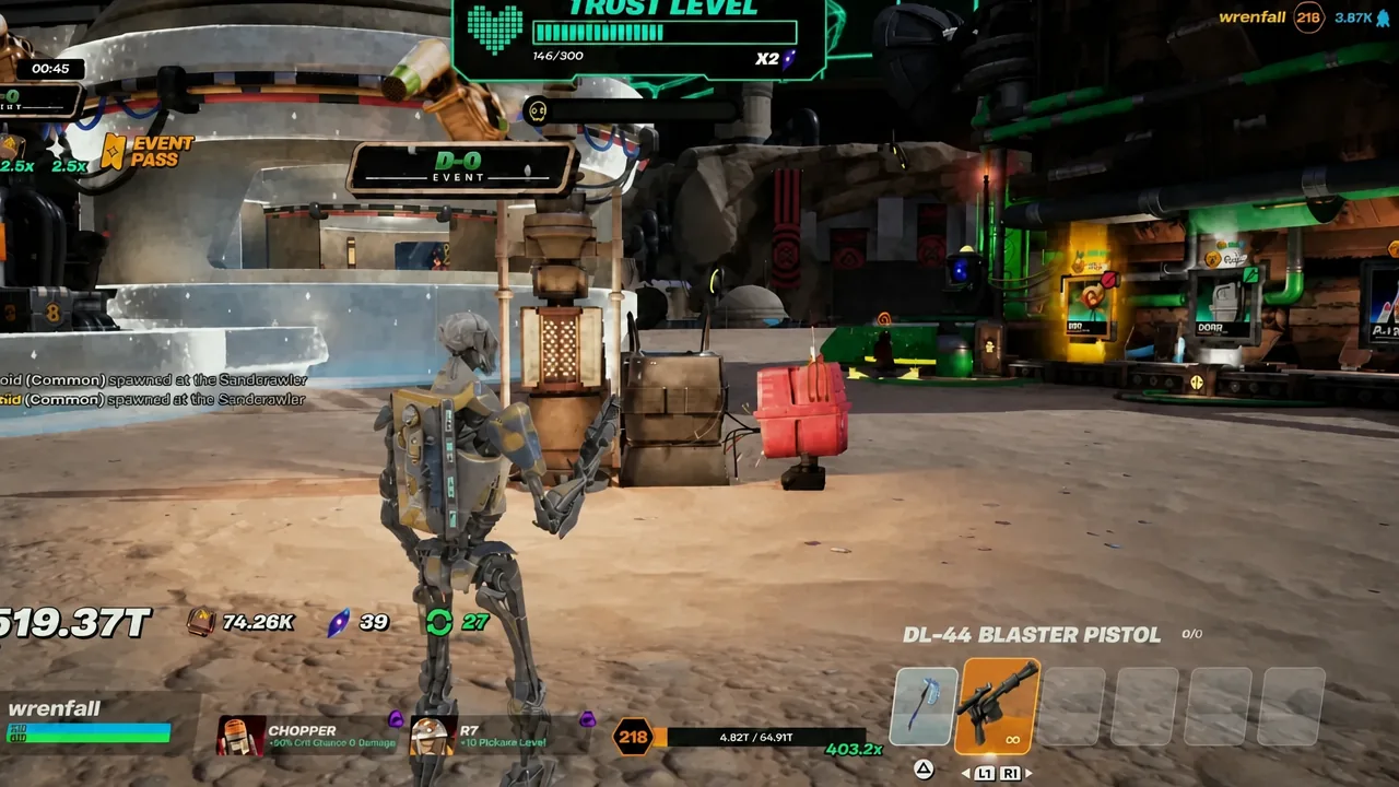 Droid Tycoon gameplay with the DL-44 Blaster Pistol slot lit up in the bottom-right weapon bar