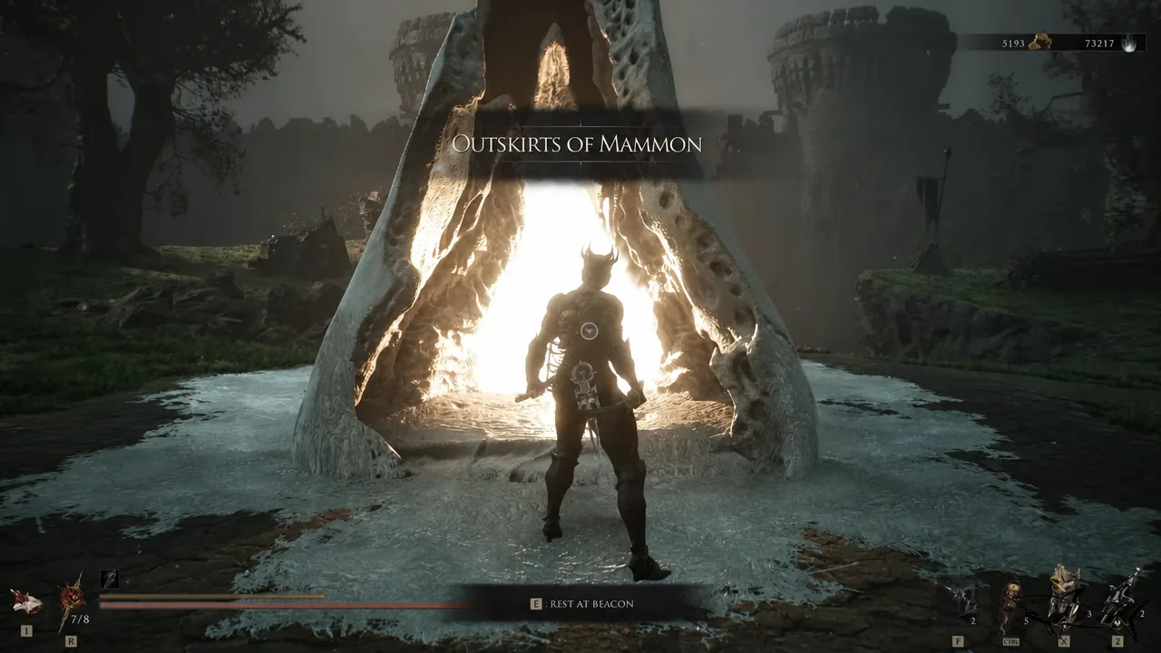 Outskirts of Mammon beacon with the rest prompt highlighted on screen