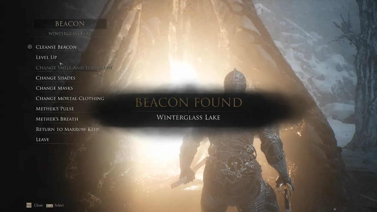 Cleanse Beacon option highlighted at Winterglass Lake with the Beacon Found notice showing