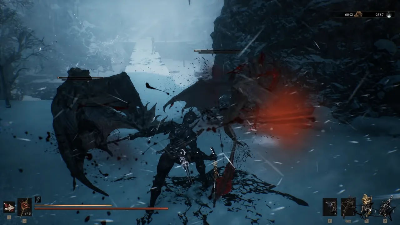Melee exchange with a large winged enemy on the path beyond the bridge