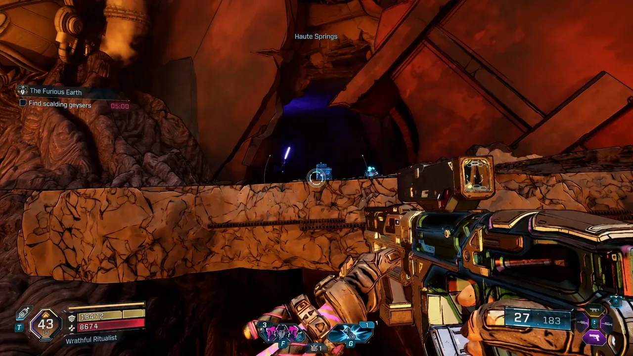 Player aims toward a blue geyser marker in the Haute Springs steam field