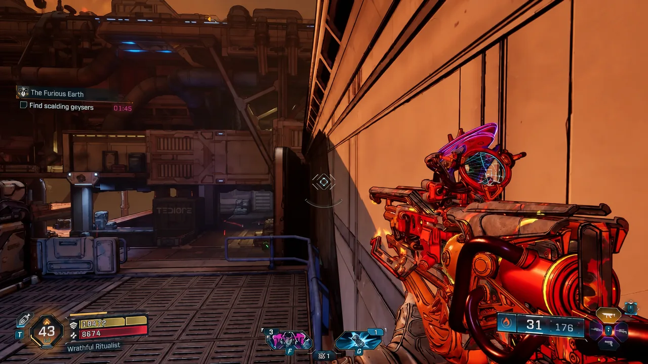 Player weapon raised while crossing the pipeline structure in the industrial area of Pyroclast Field