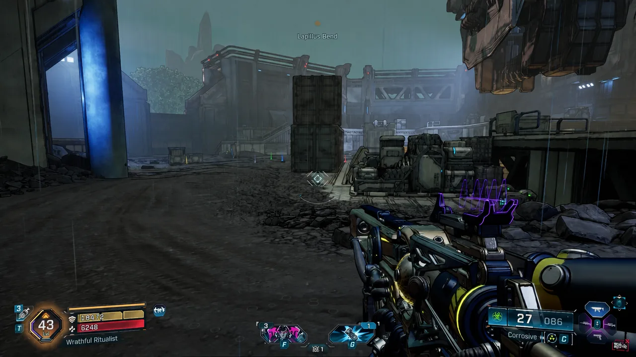Player aims at a purple-highlighted Echo Log pickup on wreckage in Lapillus Bend