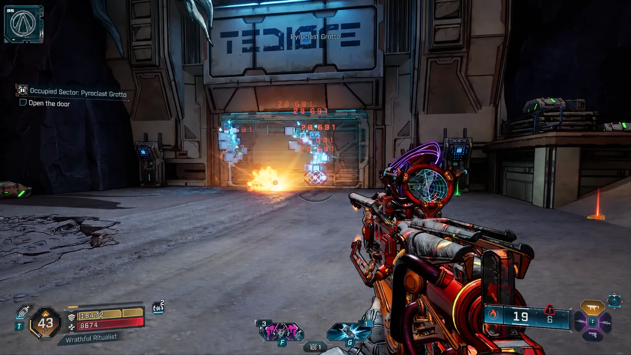 Open the door objective tracked on screen while the player fights enemies at Pyroclast Grotto