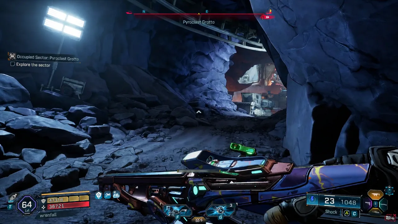 Rocky cave section of Pyroclast Grotto with the Explore the sector objective active