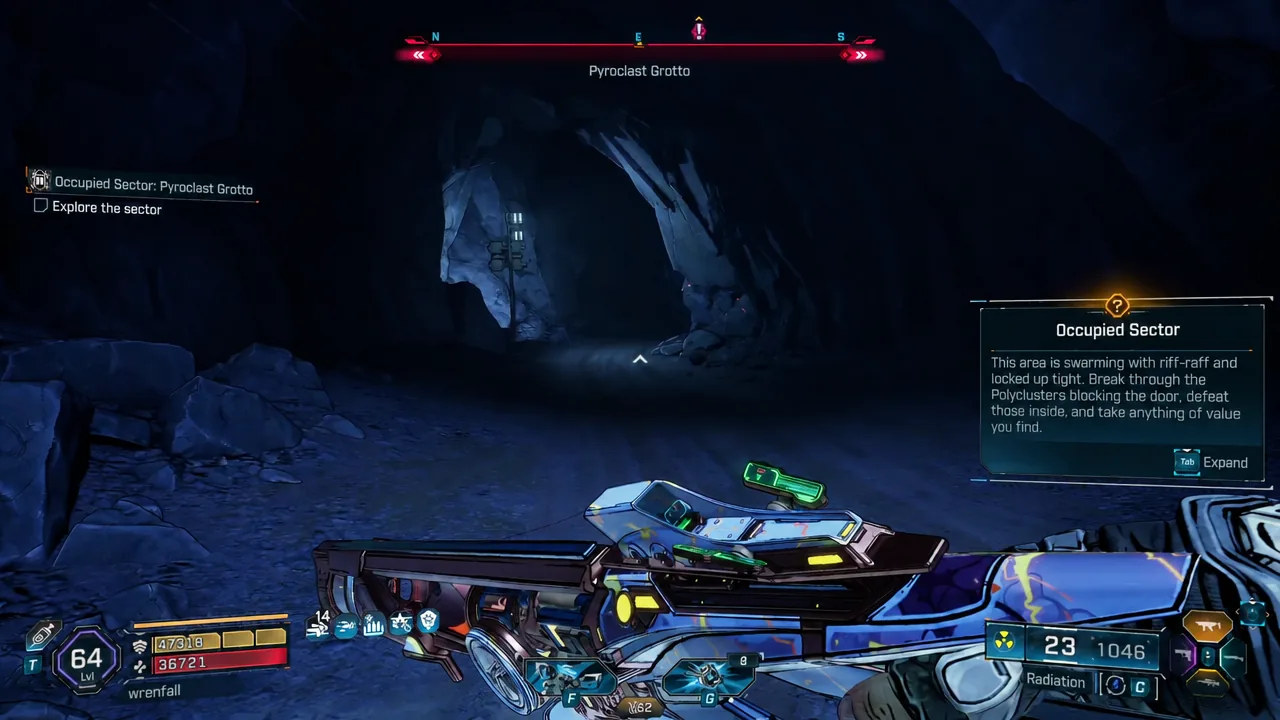 Occupied Sector objective panel tracked on the HUD while moving through the grotto tunnels