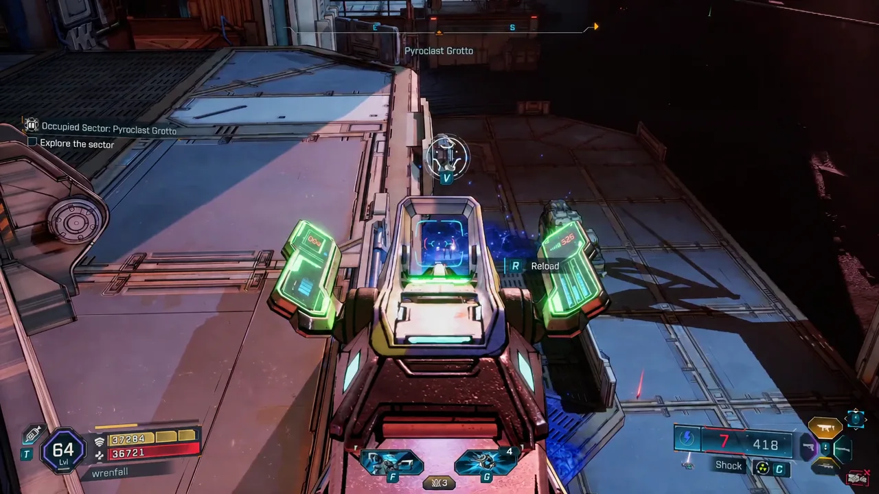 Aiming down sights at a Tediore enemy with the reload prompt on screen