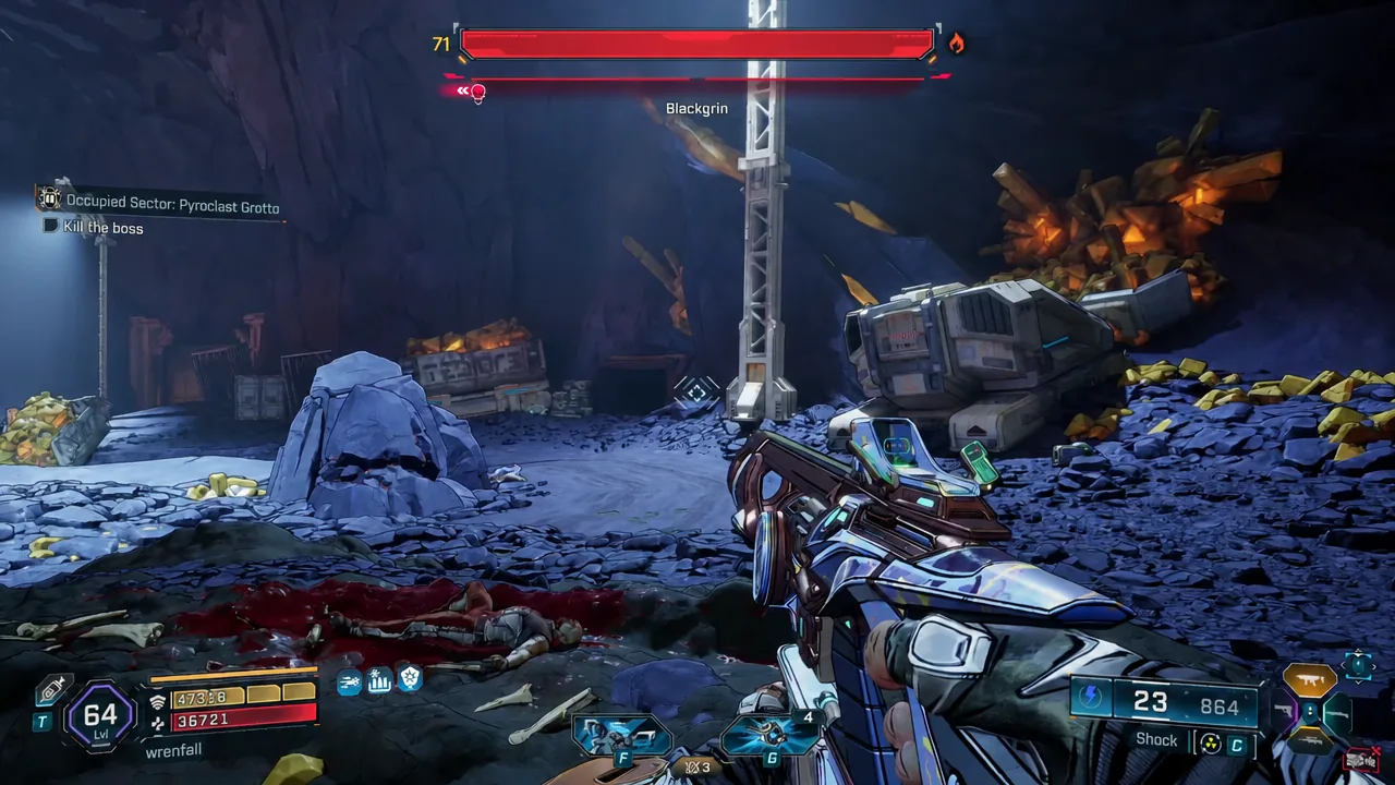 Fighting the giant reptilian boss Blackgrin with the Kill the boss objective on screen