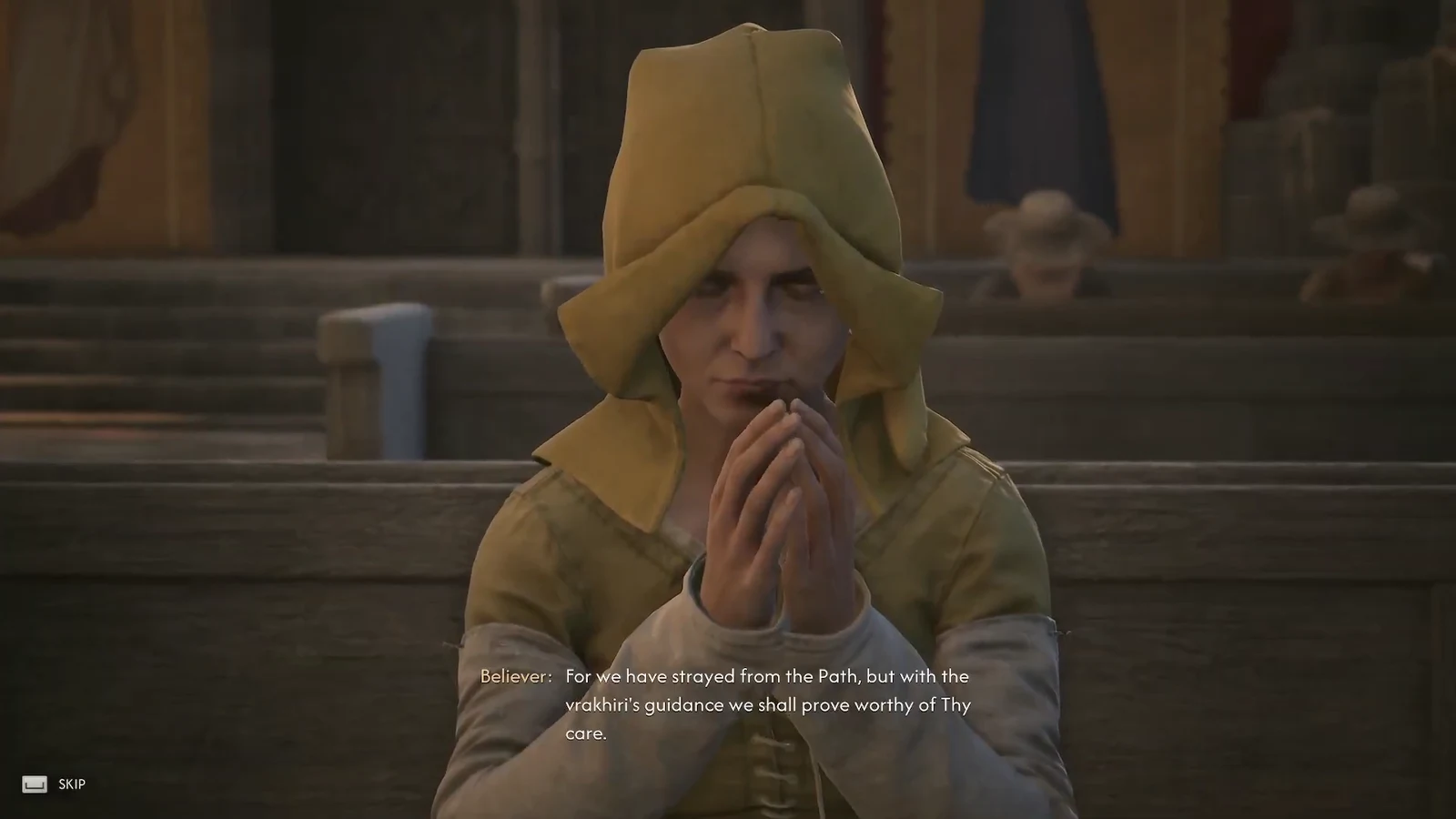 Hooded Believer praying in the pews as the conversation cutscene begins