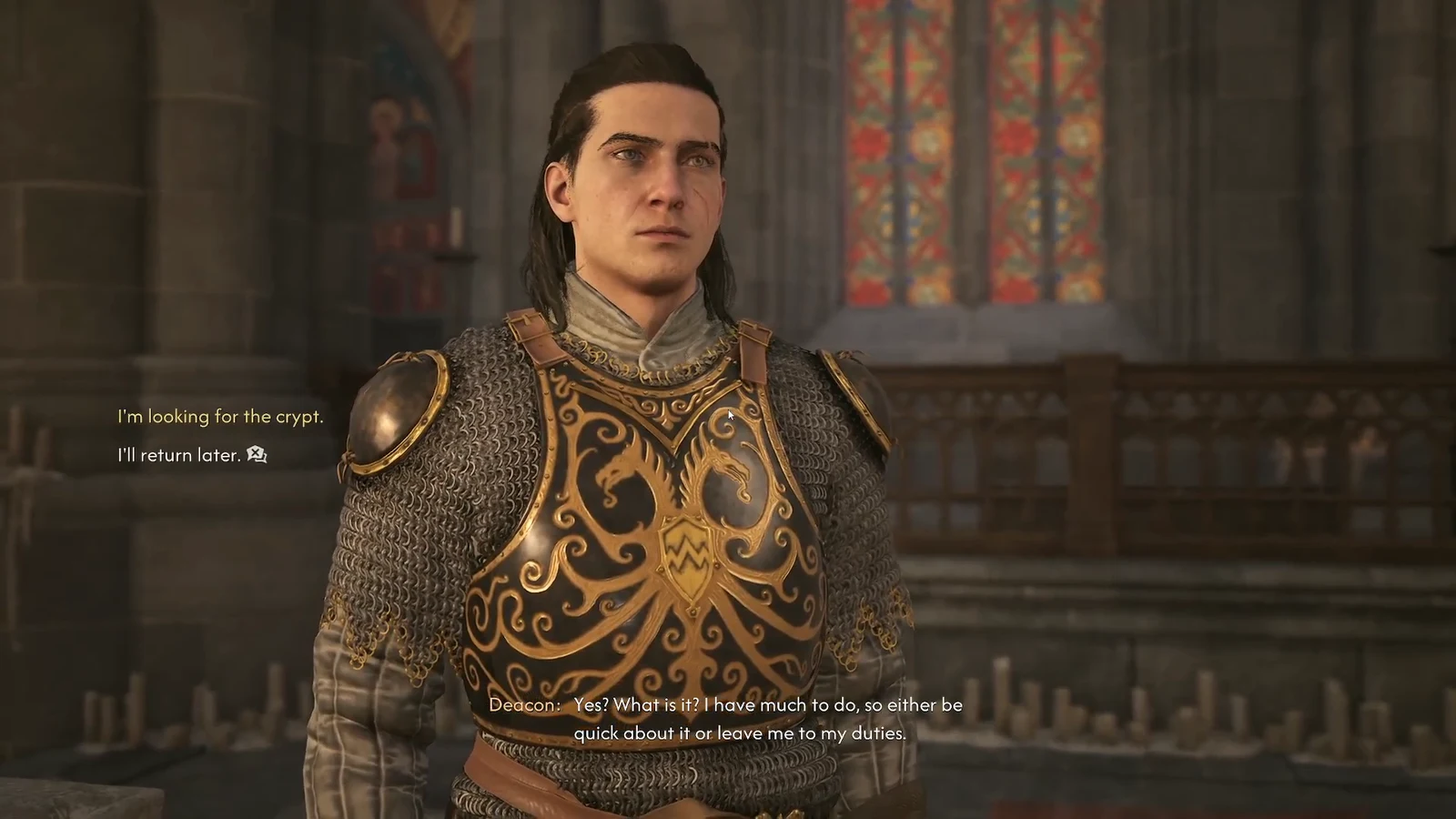 Dialogue wheel with the Deacon highlighting the option about looking for the crypt