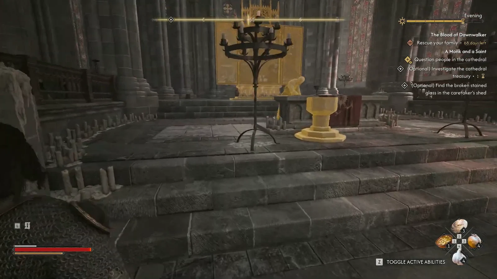 Inside Svartrau Cathedral with the A Monk and a Saint quest tracker showing the questioning objective