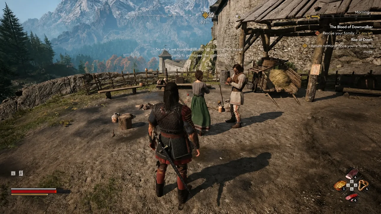 Two pilgrim NPCs talking outside the locked Svartrau City gate with the Rescue your family objective tracked