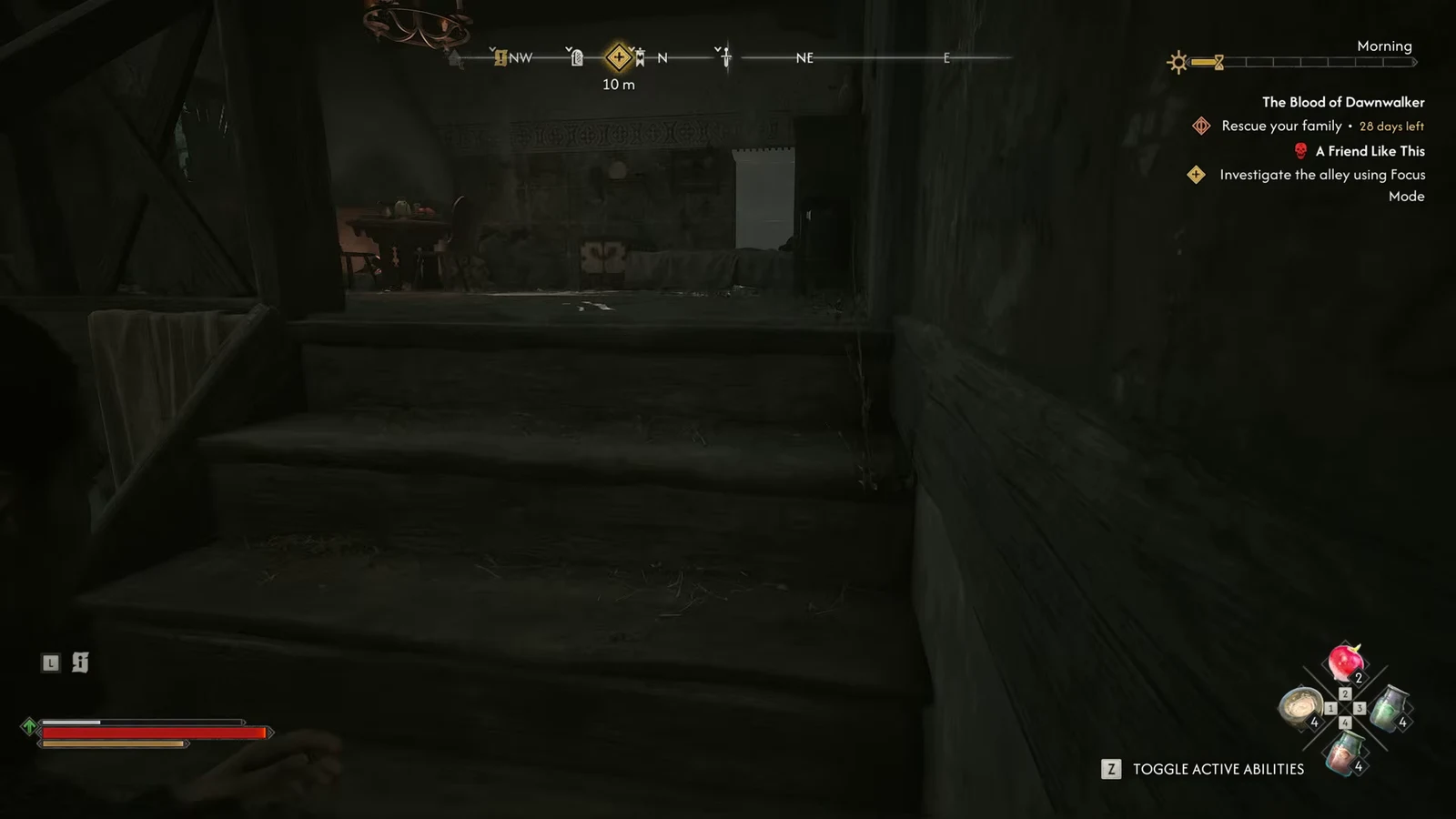 Objective reading Investigate the alley using Focus Mode shown on the HUD beside stone stairs