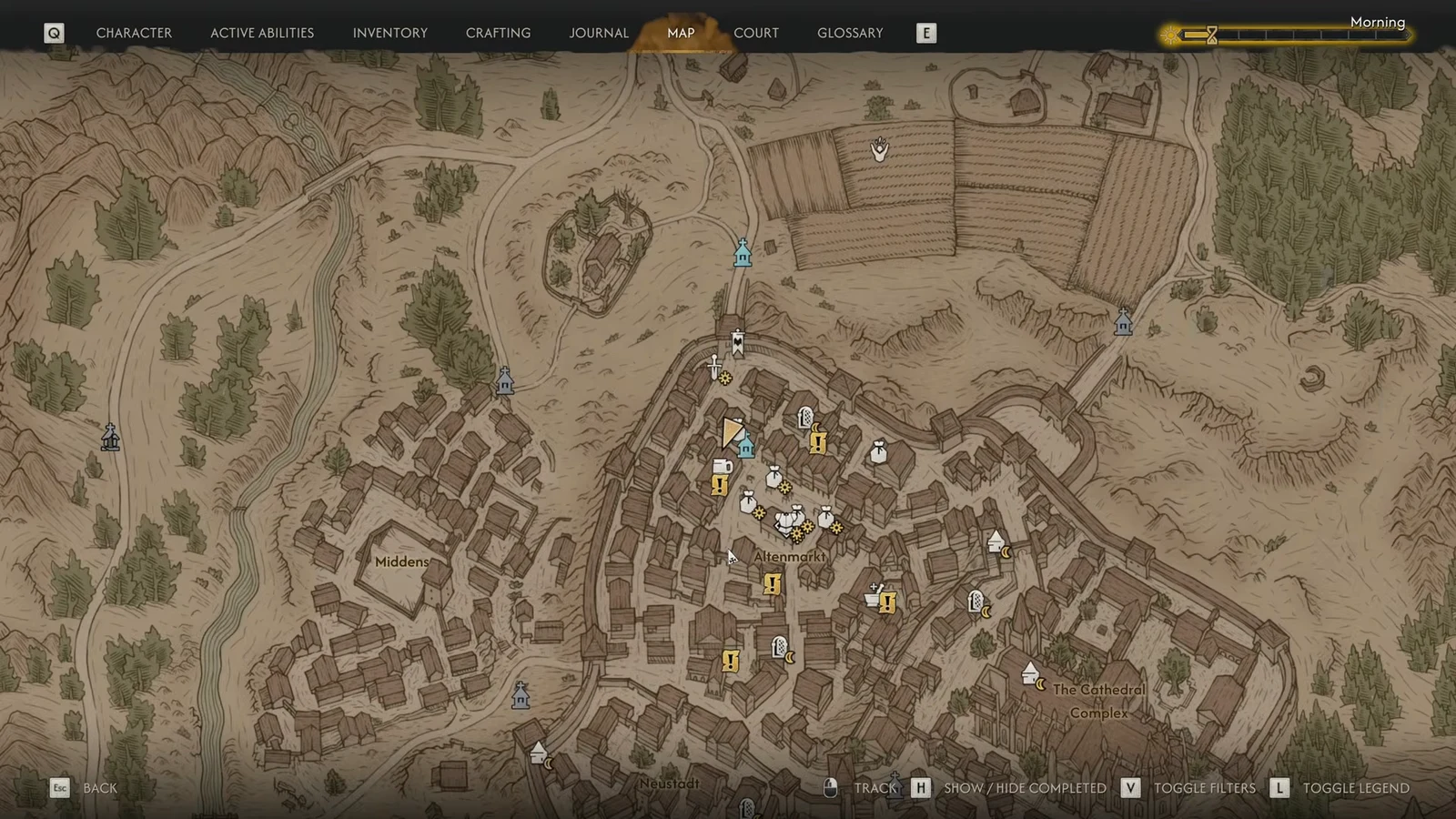 Svartrau City map screen filled with quest and location markers used for fast travel