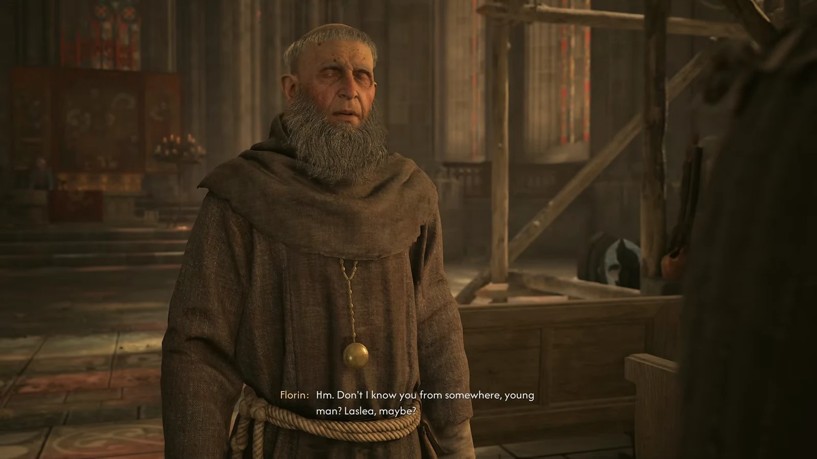 Father Florin speaking to Coen in a dim cathedral interior cutscene