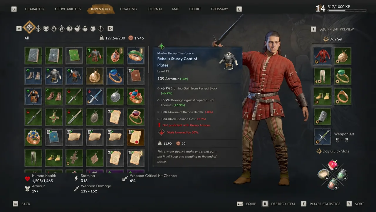 Inventory screen with the Rebel's Sturdy Coat of Plates highlighted and its stats shown