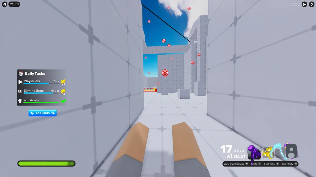 Player aiming the Wildcat SMG at floating practice targets with the Daily Tasks panel open
