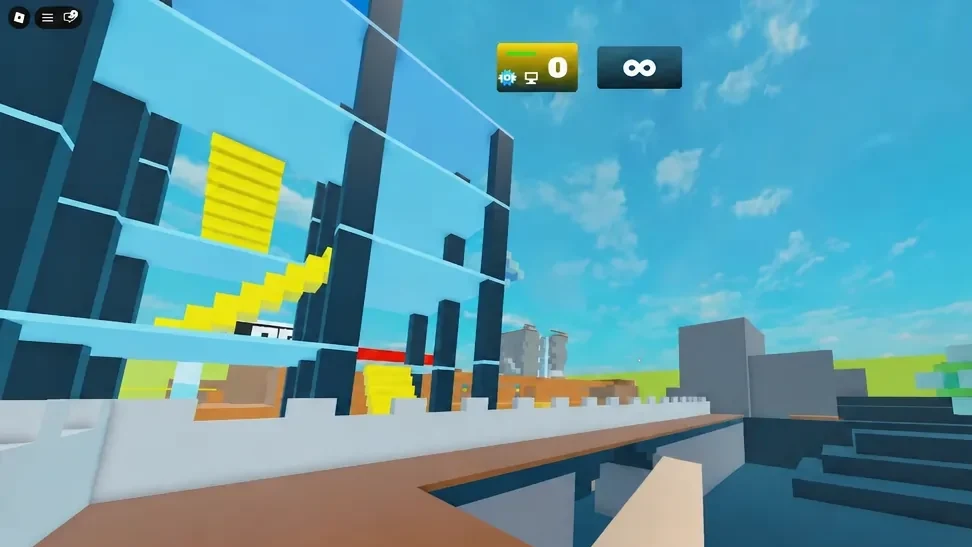 Player crossing open ground toward a yellow stairway and building during a duel