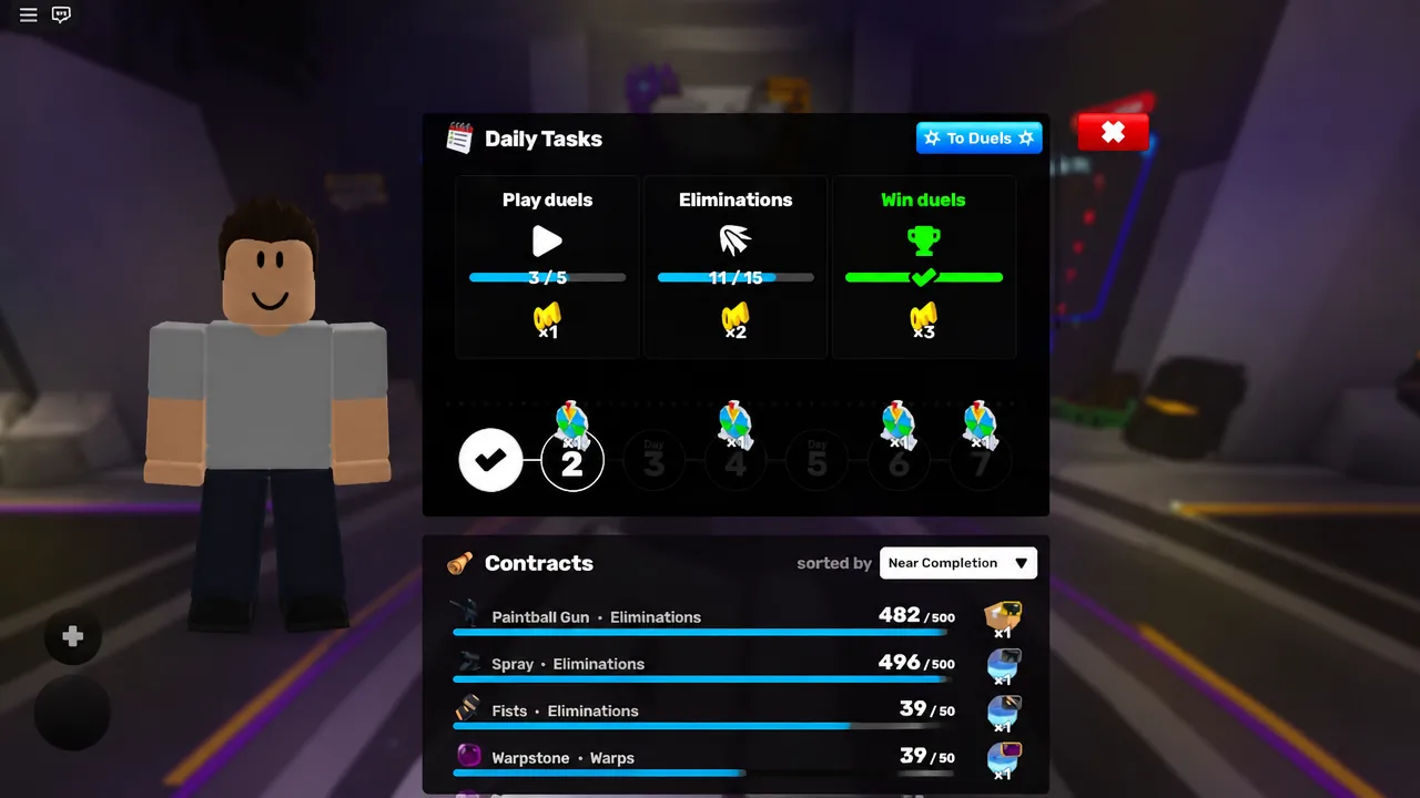 Daily Tasks screen showing task progress and the blue To Duels button