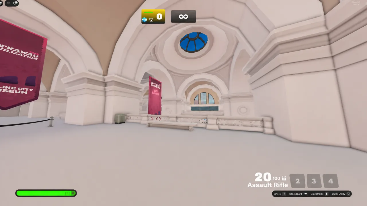 Assault Rifle equipped while looking across the Museum map interior
