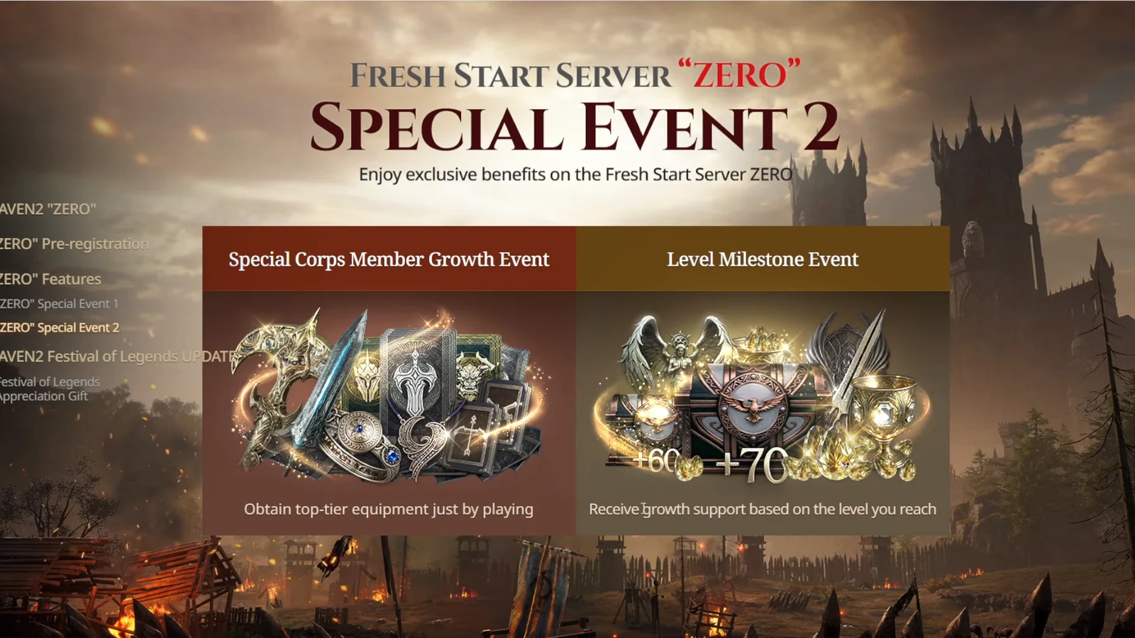ZERO Special Event 2 page listing the Special Corps Member Growth Event and Level Milestone Event