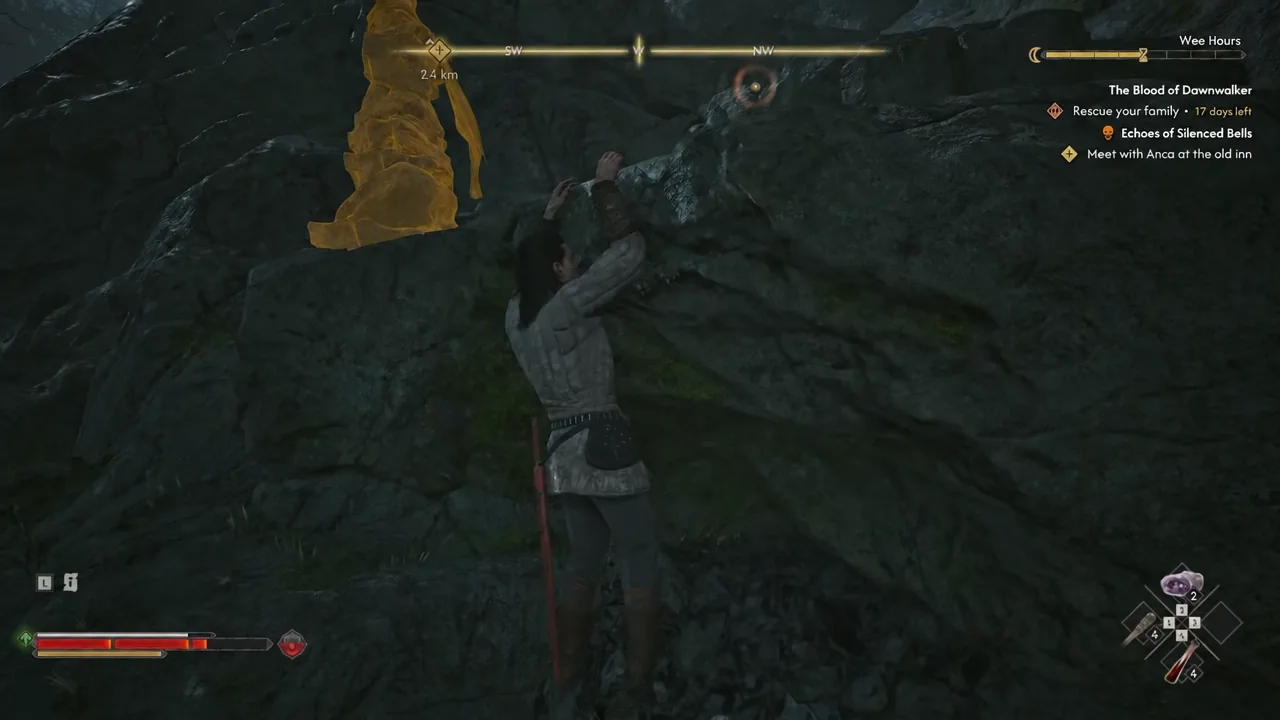 Coen scaling a cliff with the climbable handholds highlighted in gold