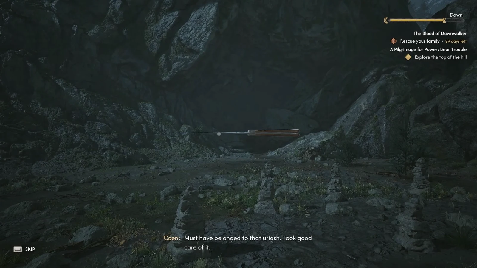 Coen delivering his closing lines in the rocky alcove with the skip prompt shown