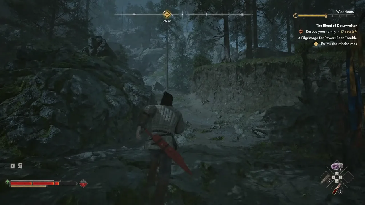 Quest HUD showing the Follow the windchimes objective with a 24 metre compass marker