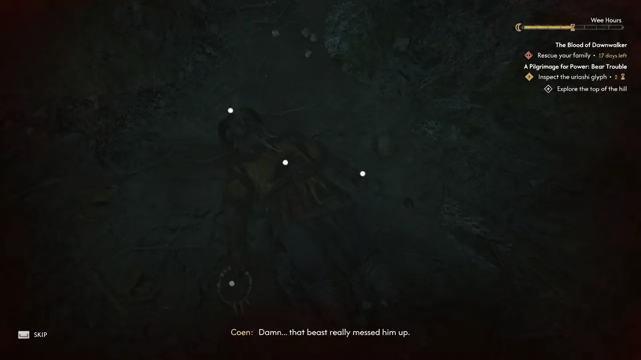 Coen examining the mauled corpse while the objective tracker reads Inspect the uriashi glyph