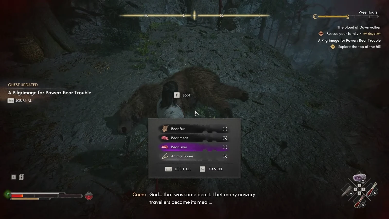 Loot window open on the dead bear with Bear Liver highlighted in the item list
