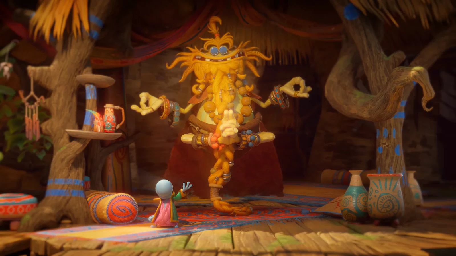 A golden, many-armed forest spirit performs inside a decorated wooden shrine while a small character watches.