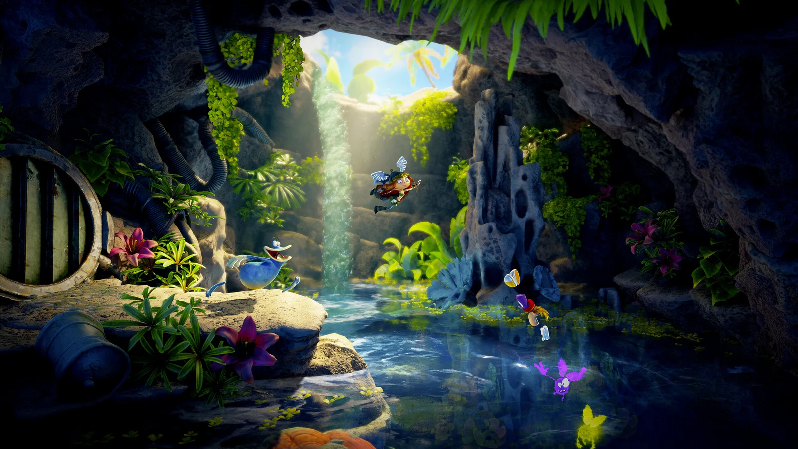 Rayman and companions explore a sunlit jungle cavern with a cascading waterfall, shallow stream, and lush vegetation.