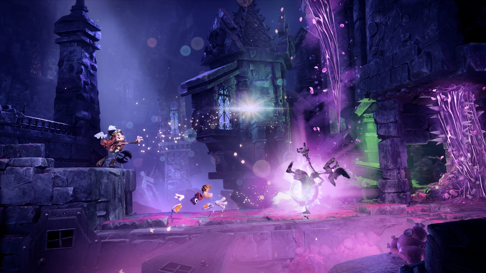 Rayman and companions fight through a haunted castle courtyard at night amid purple magic and ghostly enemies.
