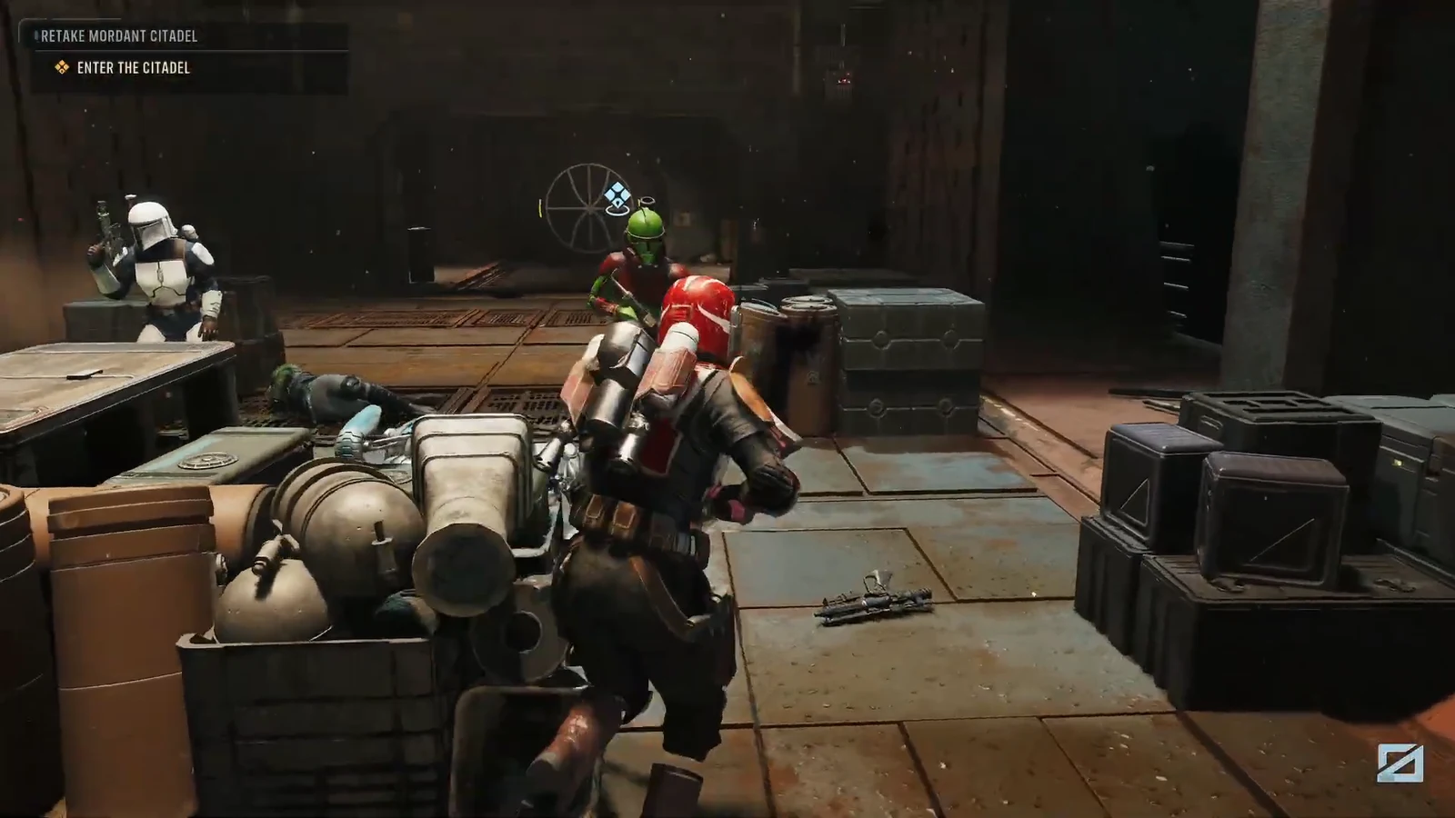 Objective panel showing Enter the Citadel as the squad moves through a cluttered industrial room