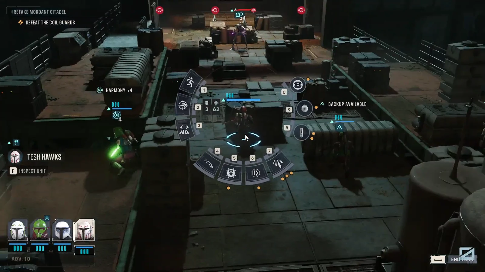 Tactical command wheel open during Retake Mordant Citadel while targeting Coil Guards