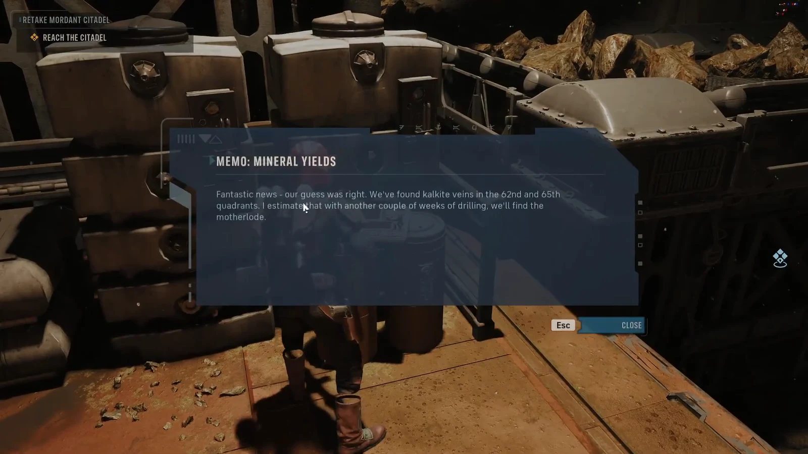 The MEMO: MINERAL YIELDS datapad entry open on screen describing kalkite veins