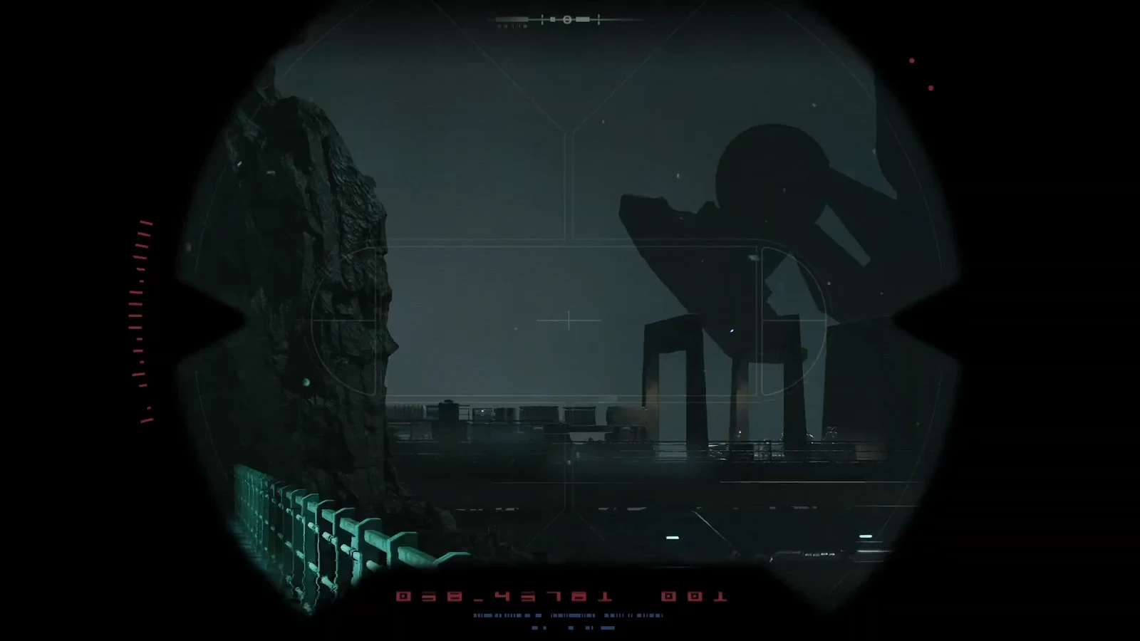 Visor HUD with a targeting reticle scanning across an industrial platform toward the citadel
