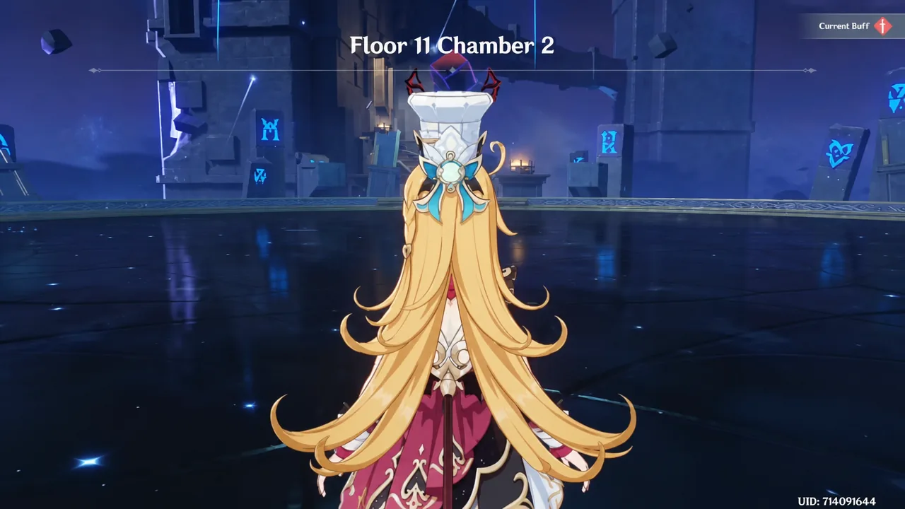 Floor 11, Chamber 2 arena with the Current Buff indicator visible above the character