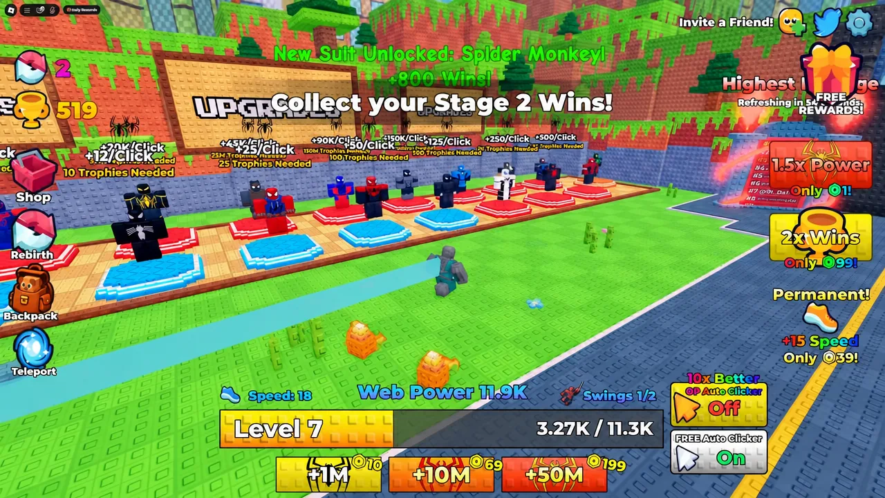 Upgrade screen showing the Spider Monkey suit unlocked while stage wins tick up