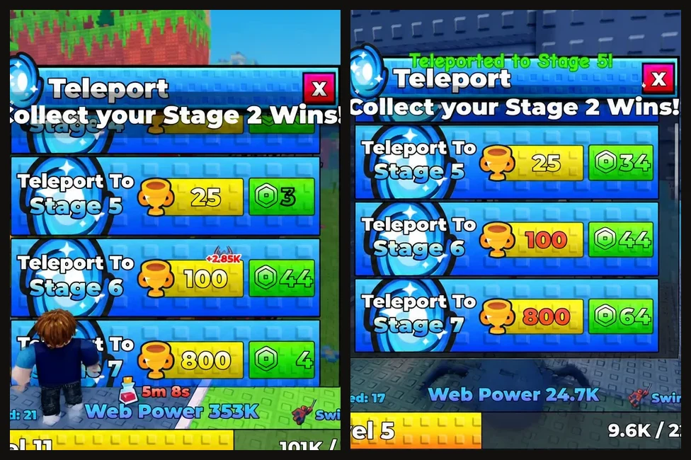 Teleport menu with Stage 5 to 7 destinations on the left and the Stage 5 jump confirmed on the right