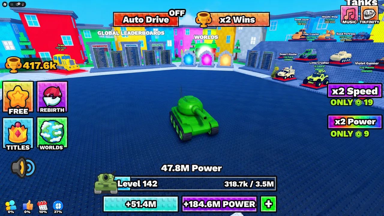 Main gameplay screen showing the green tank with its Power total and progress bar filling