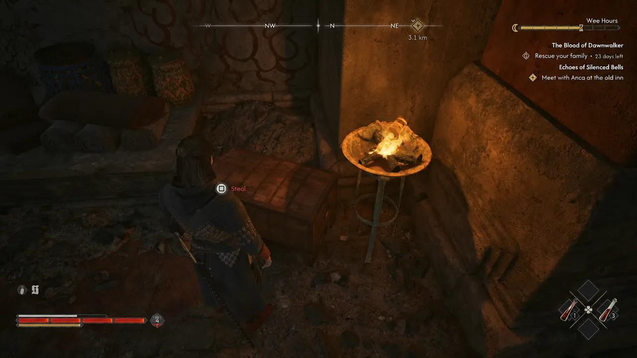 Steal prompt displayed over the wooden chest beside the brazier inside the cave