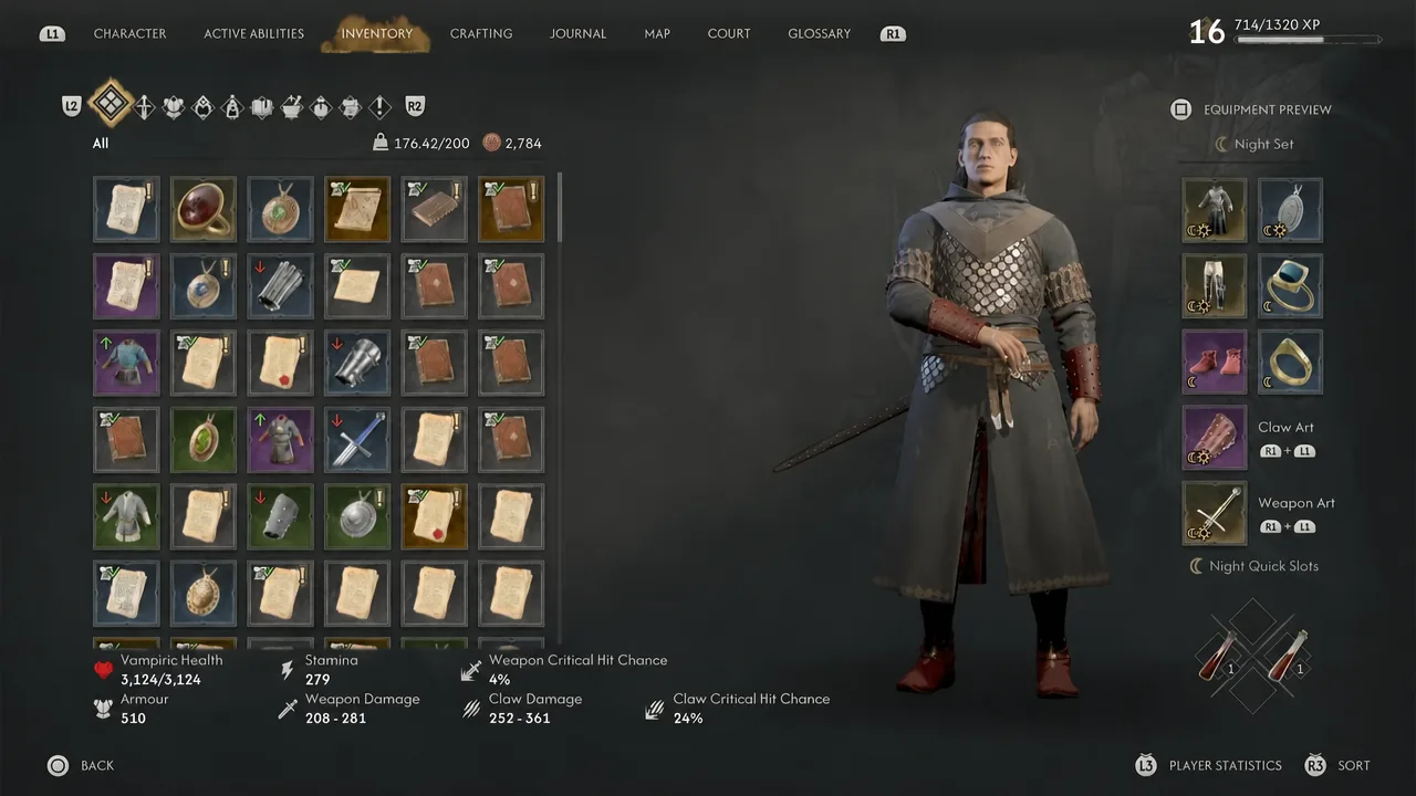 Inventory screen with the All items tab open, showing the item grid and equipment preview