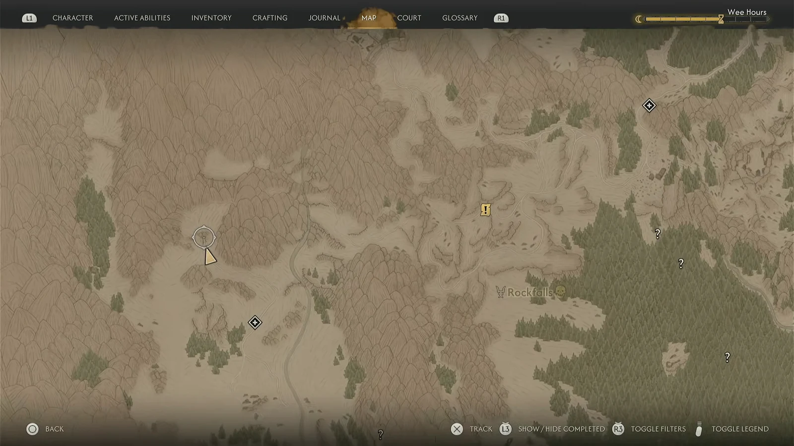 World map zoomed in on the mountainous area west of Rockfalls with the cursor over the cave site