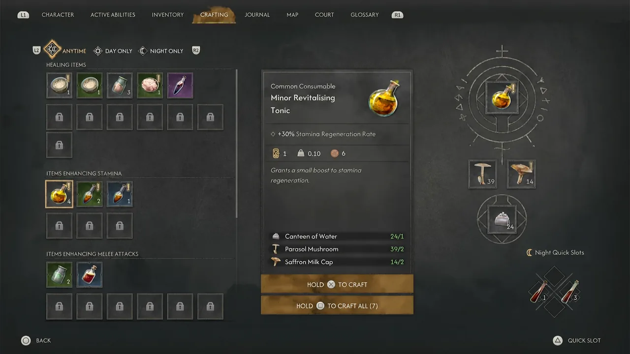Crafting menu with a potion highlighted and the hold-to-craft prompt active