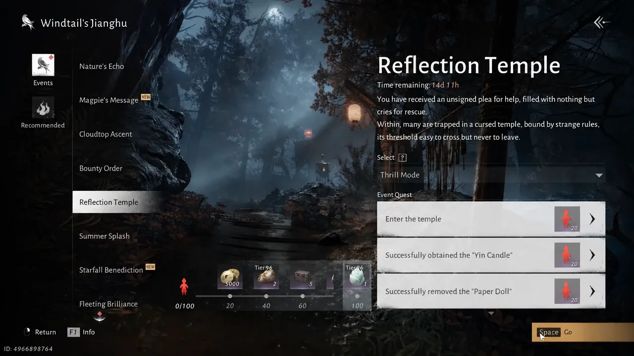 Reflection Temple event screen with the Enter the temple objective and Go prompt