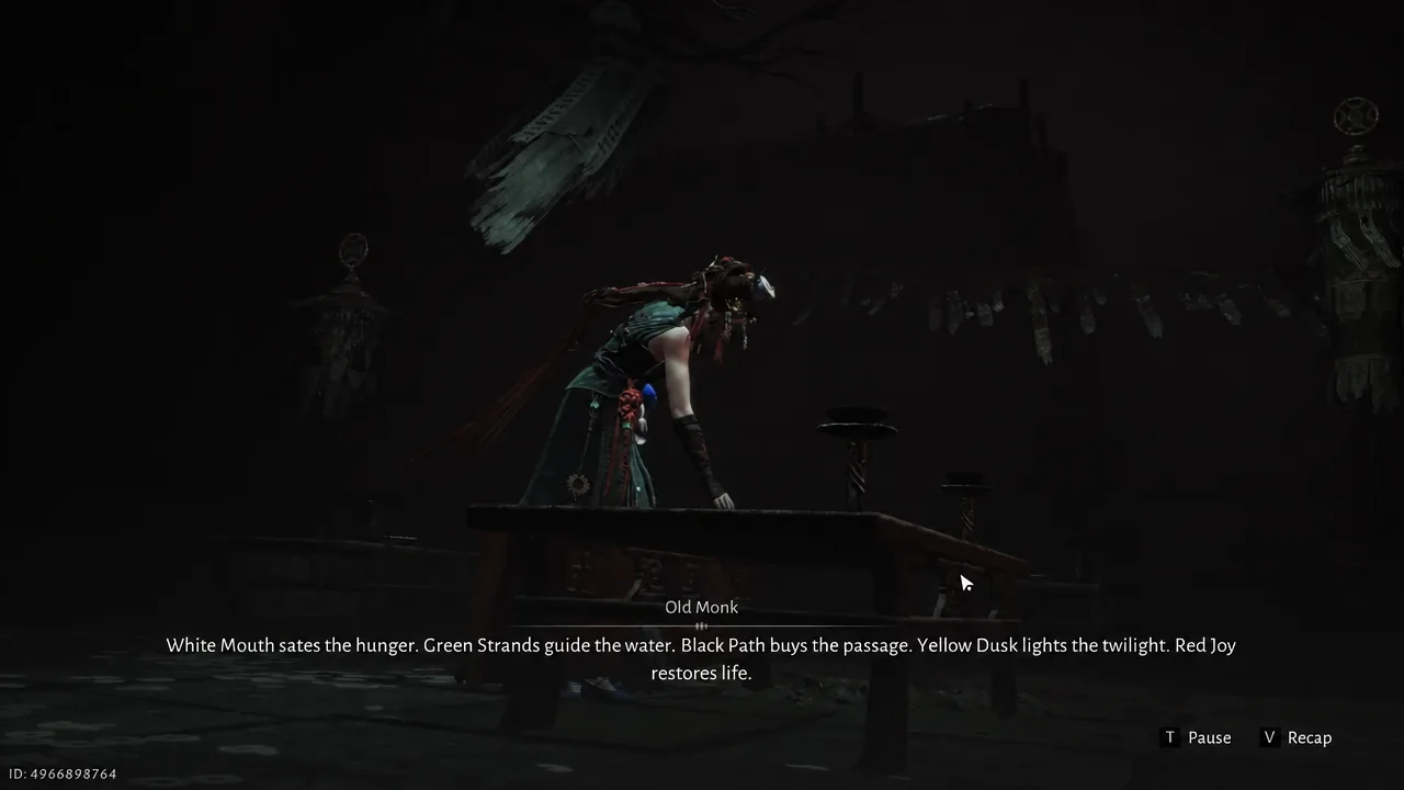 Old Monk dialogue screen with lore text and Pause or Recap options during the final descent