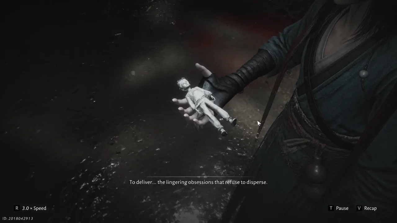 Recap screen showing a figure holding a doll before the final choice to re-enter the temple