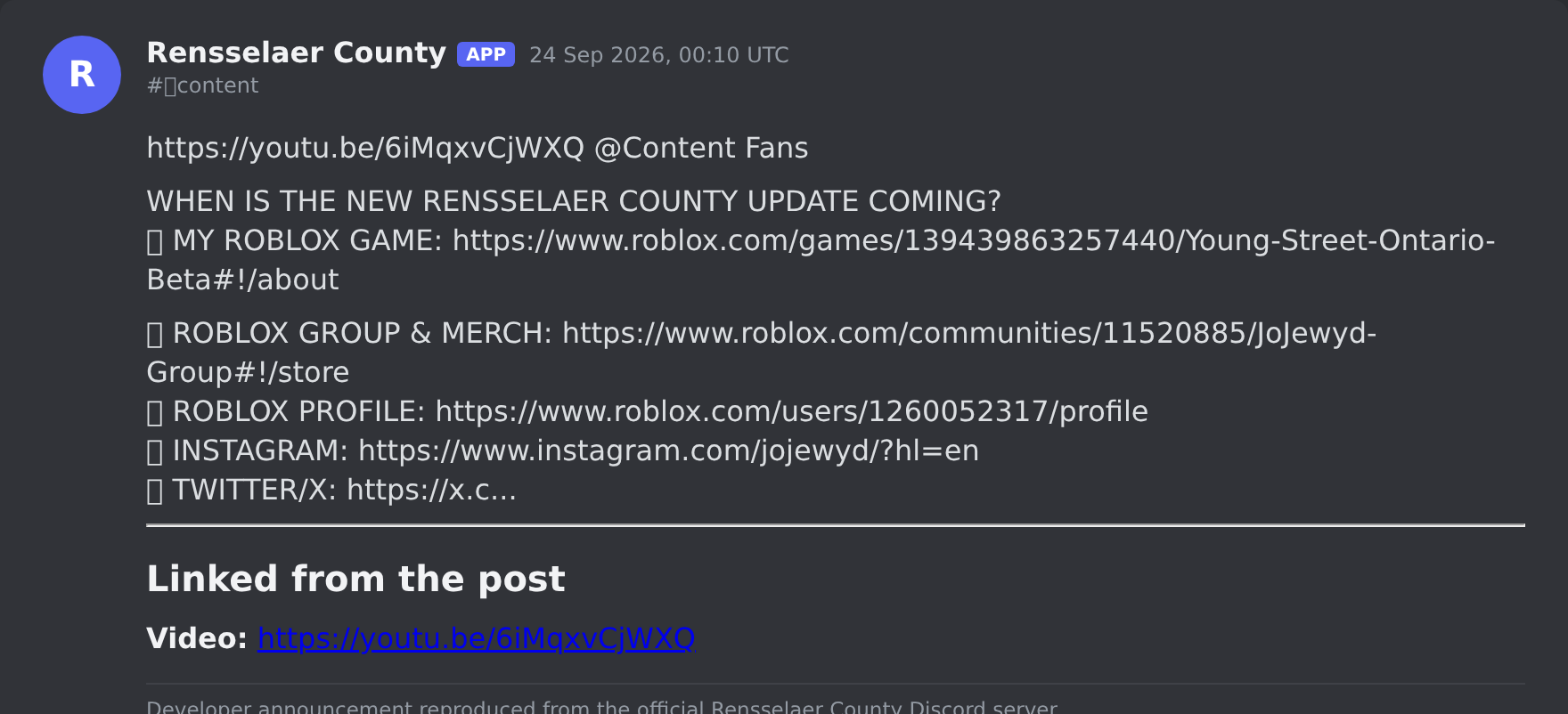 The Rensselaer County update post in the game's Discord server