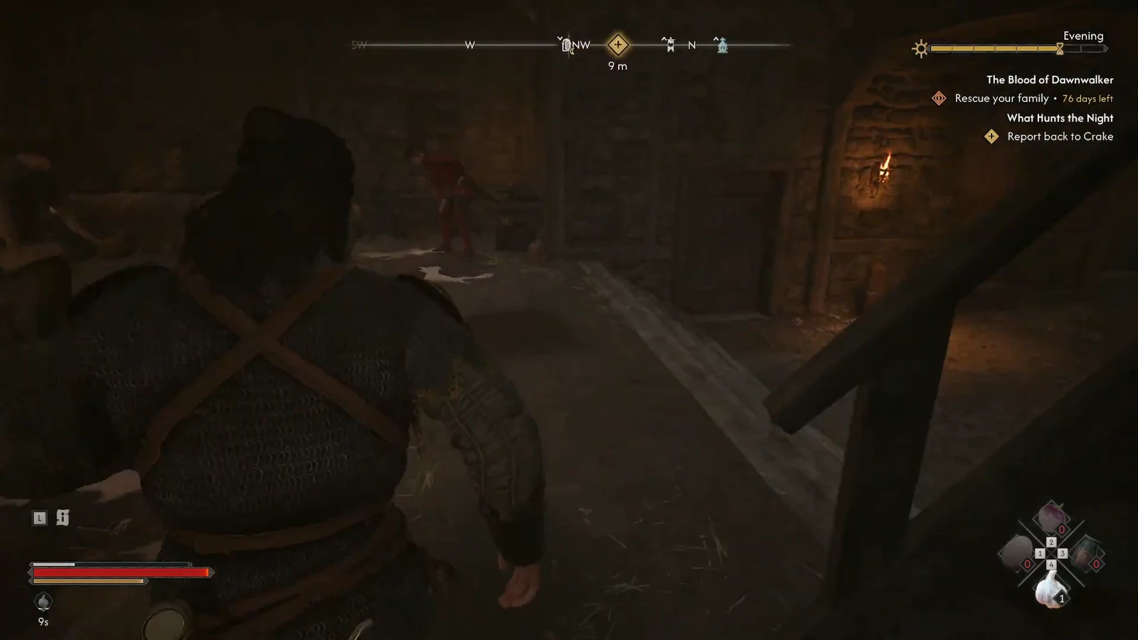 Objective distance counting down to nine meters as the player heads for the cellar stairs
